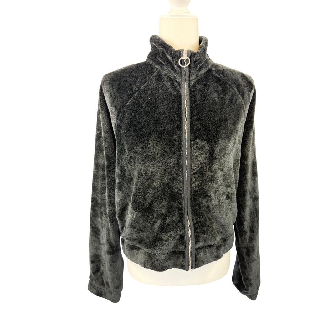 Hollister Plush Fleece Full Zip Jacket Women's M Black Soft Cozy Lightweight